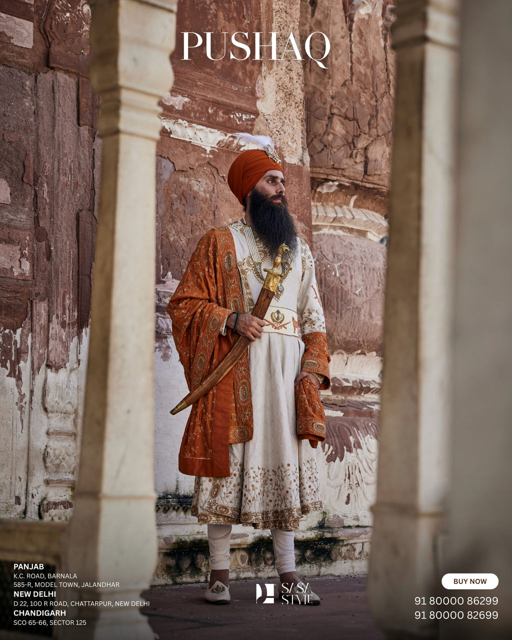 Akal Sahaye Ivory Pushaq with Gold & Copper Embroidery