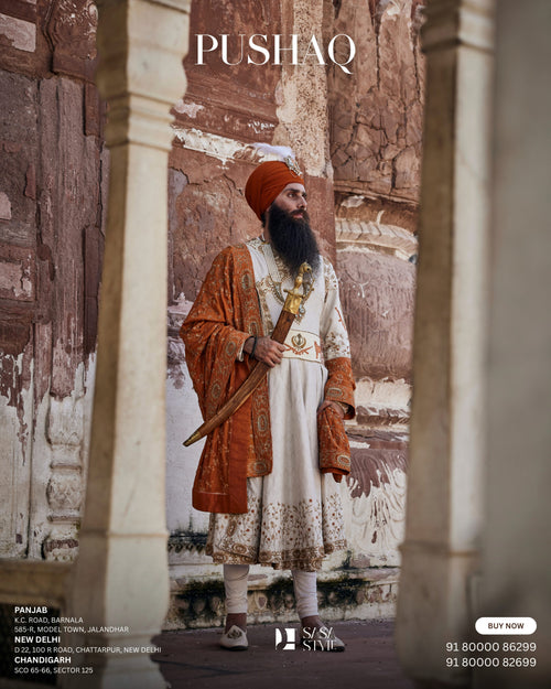 Akal Sahaye Ivory Pushaq with Gold & Copper Embroidery