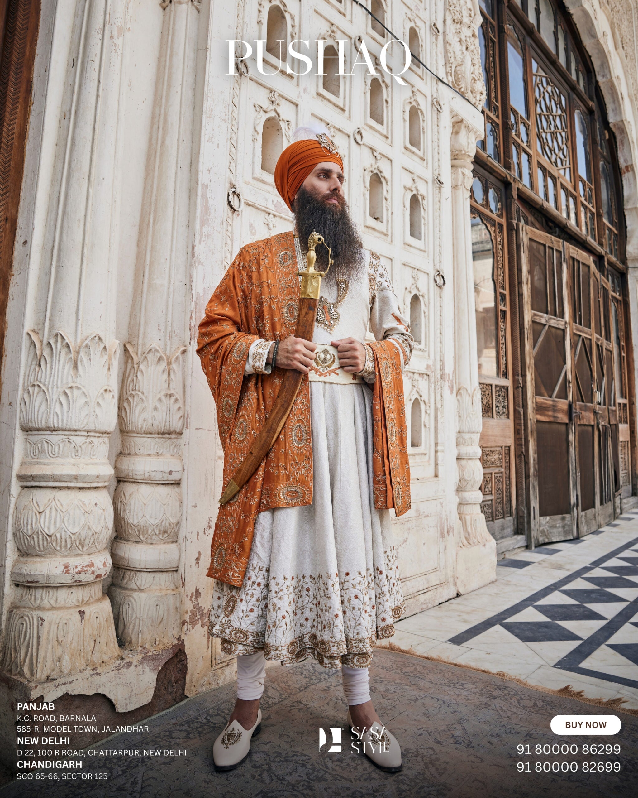 Akal Sahaye Ivory Pushaq with Gold & Copper Embroidery
