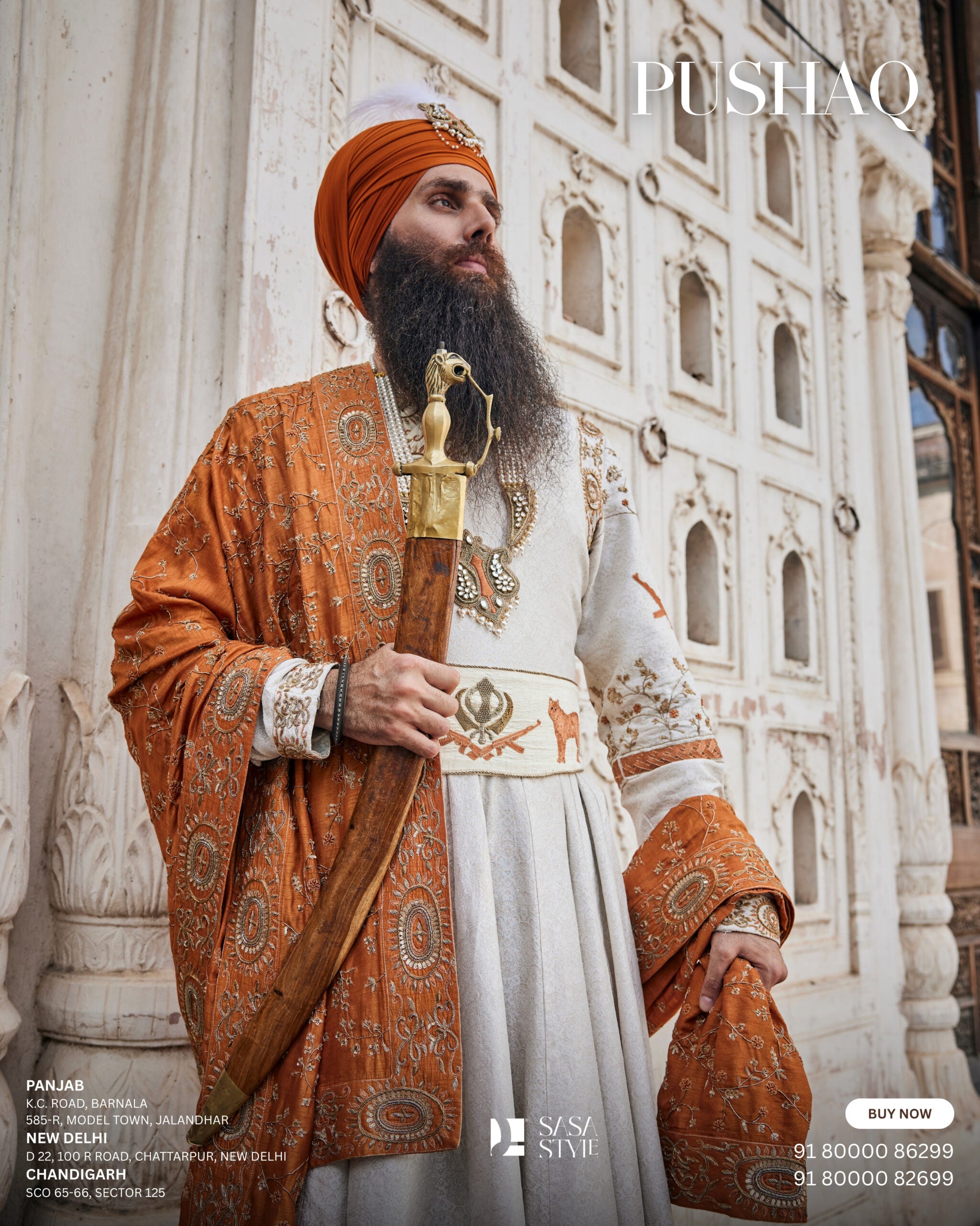 Akal Sahaye Ivory Pushaq with Gold & Copper Embroidery