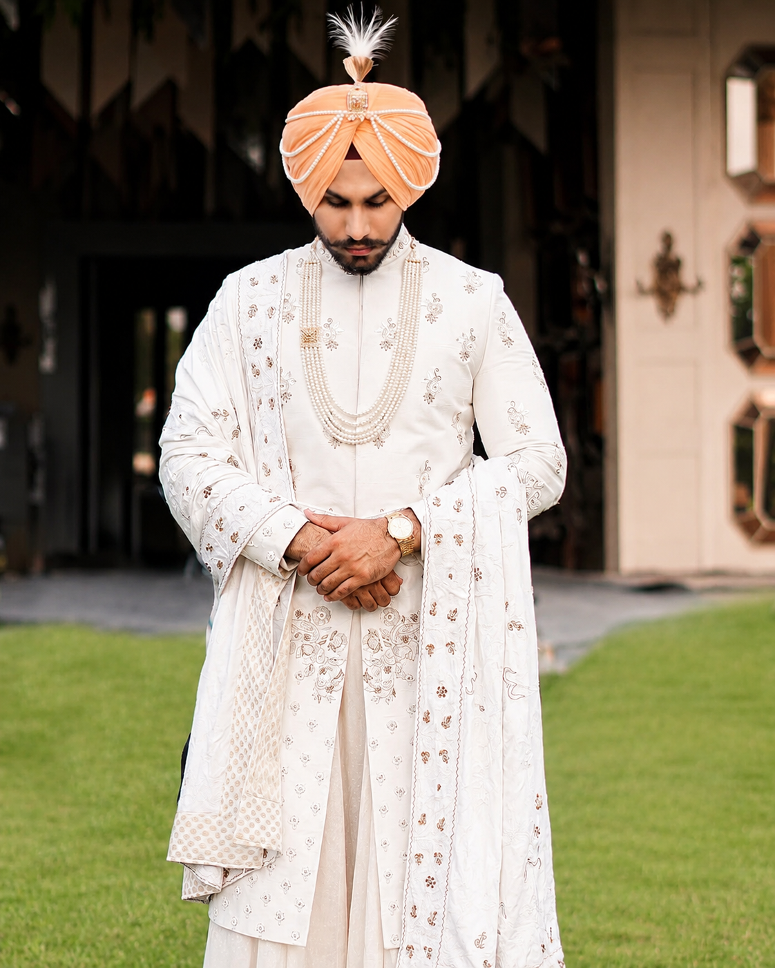 Regal Ivory Sherwani with Pearl Elegance for the Punjabi Groom