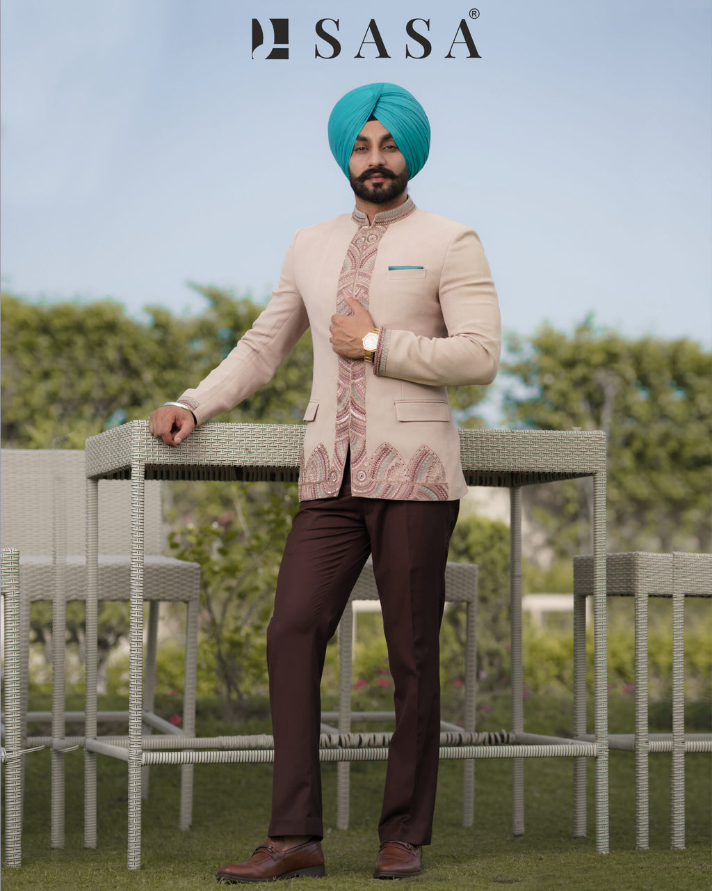 Beige 2 Piece Band Gala Coat Pant