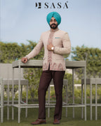 Beige 2 Piece Band Gala Coat Pant