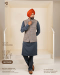 Beige Brown Herringbone Jacket with Charcoal Grey Kurta Pajama