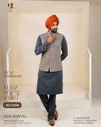 Beige Brown Herringbone Jacket with Charcoal Grey Kurta Pajama