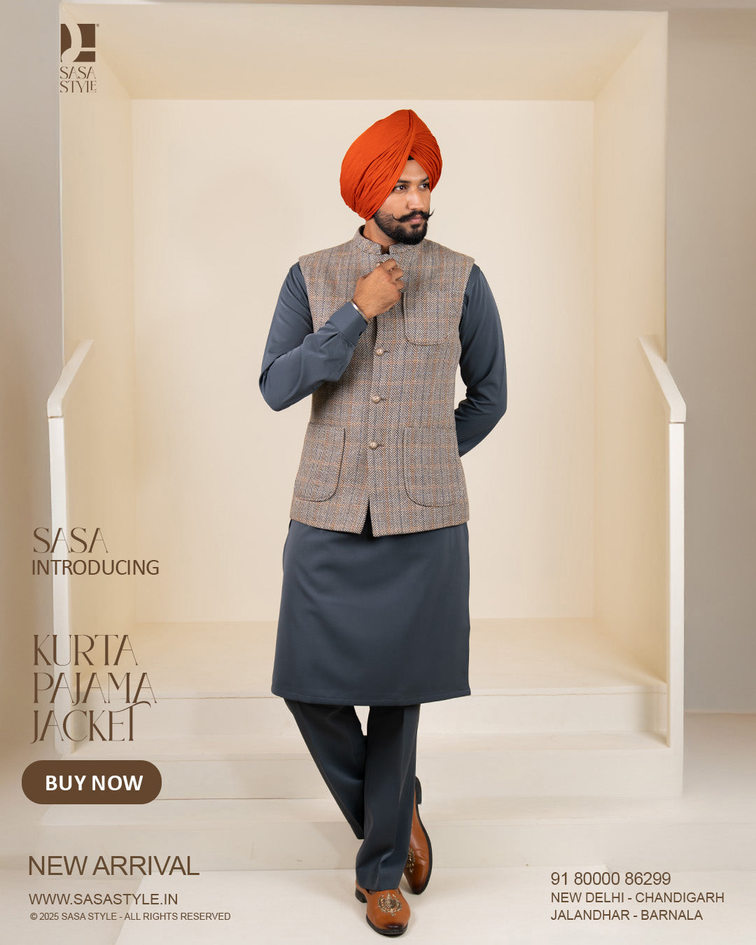 Beige Brown Herringbone Jacket with Charcoal Grey Kurta Pajama