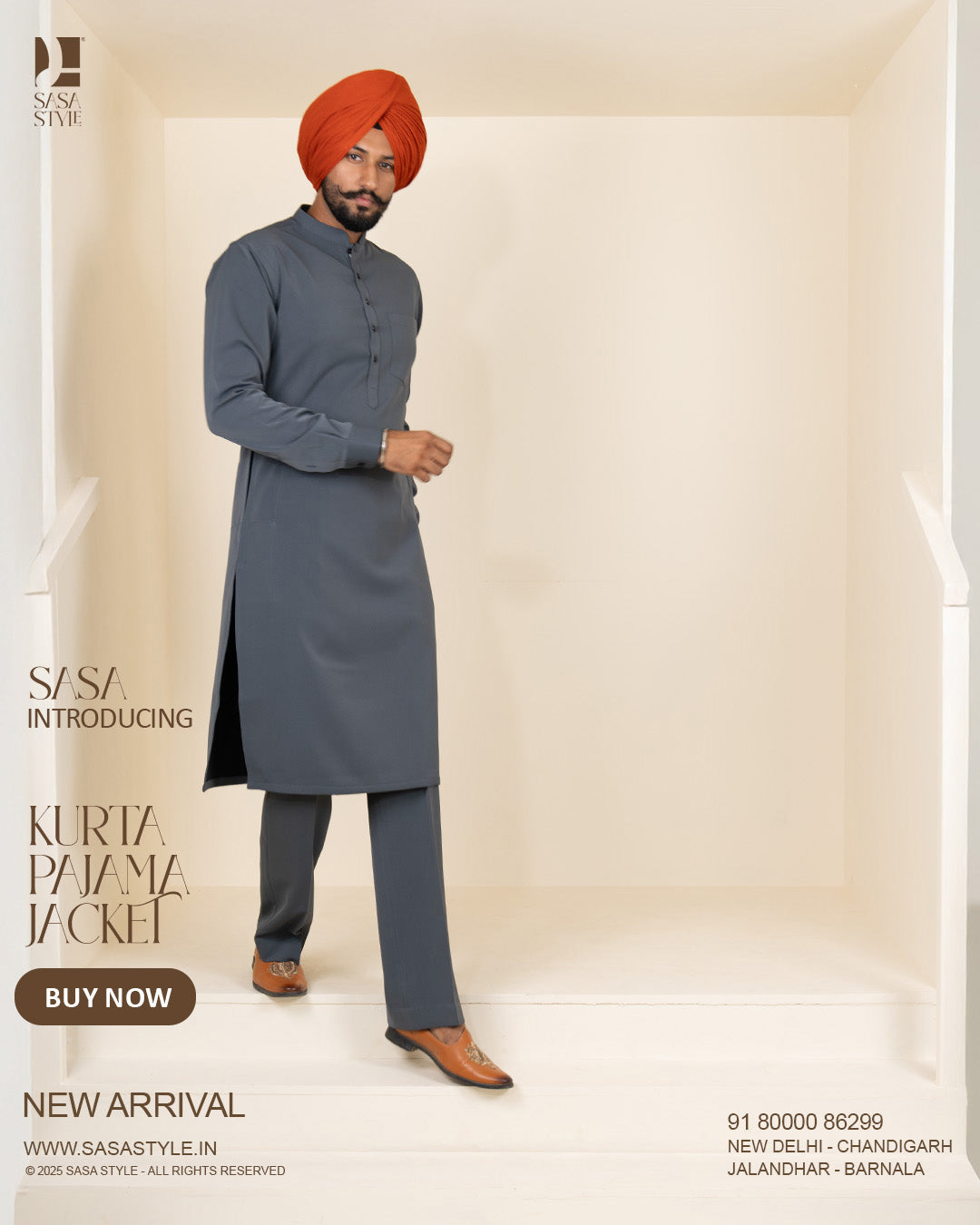 Beige Brown Herringbone Jacket with Charcoal Grey Kurta Pajama