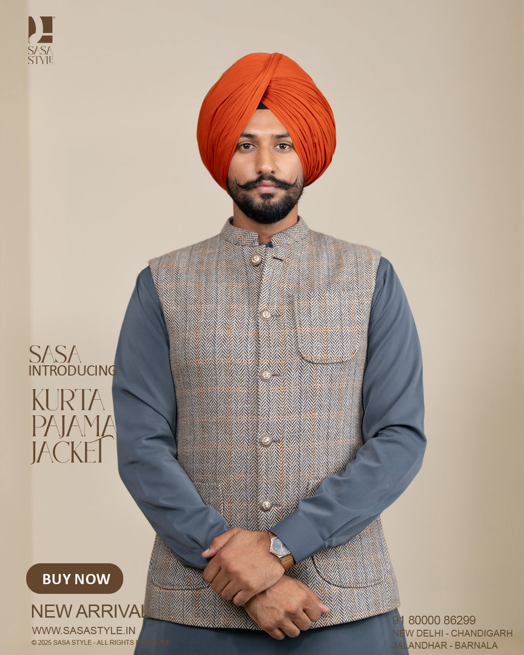 Beige Brown Herringbone Jacket with Charcoal Grey Kurta Pajama