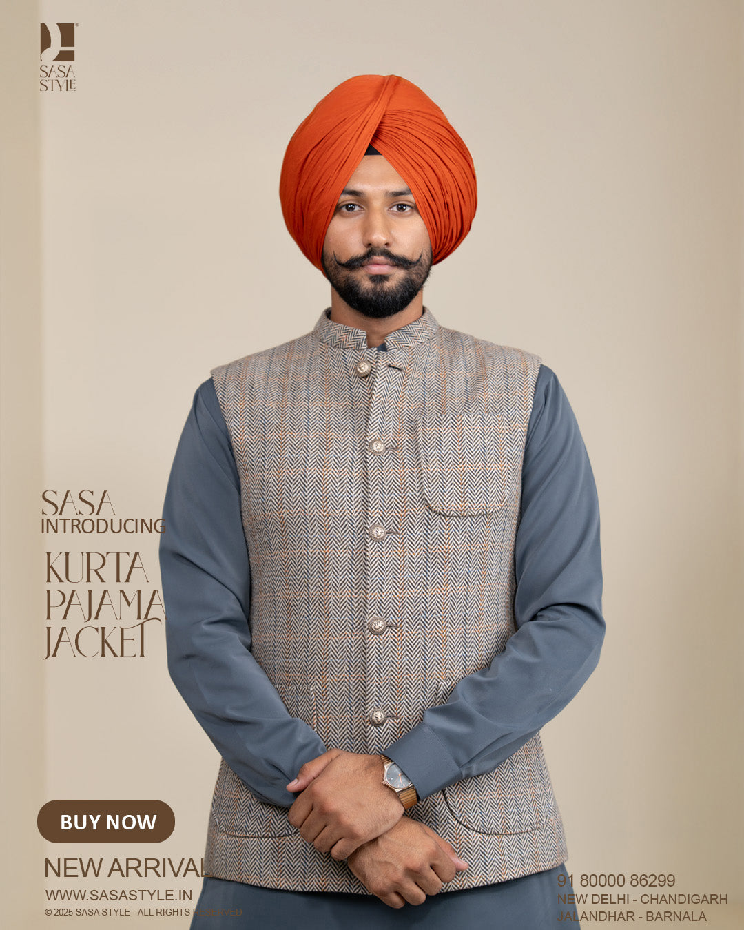 Beige Brown Herringbone Jacket with Charcoal Grey Kurta Pajama