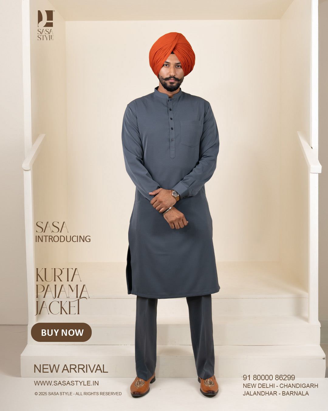 Beige Brown Herringbone Jacket with Charcoal Grey Kurta Pajama