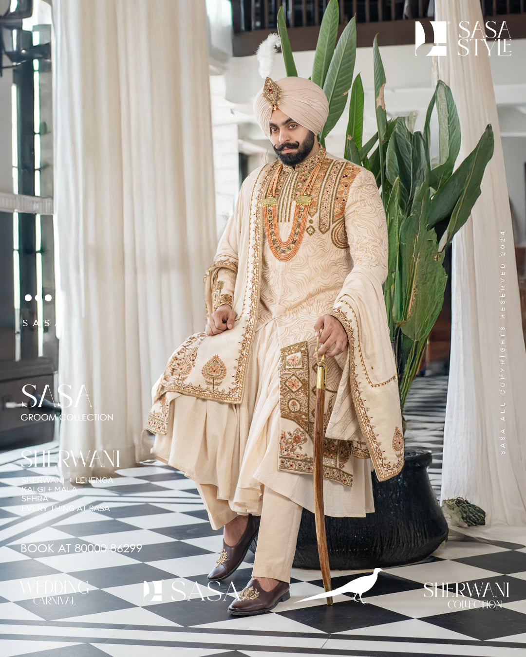 Beige Cream Sherwani with Exquisite Thread and Bead Embellishments