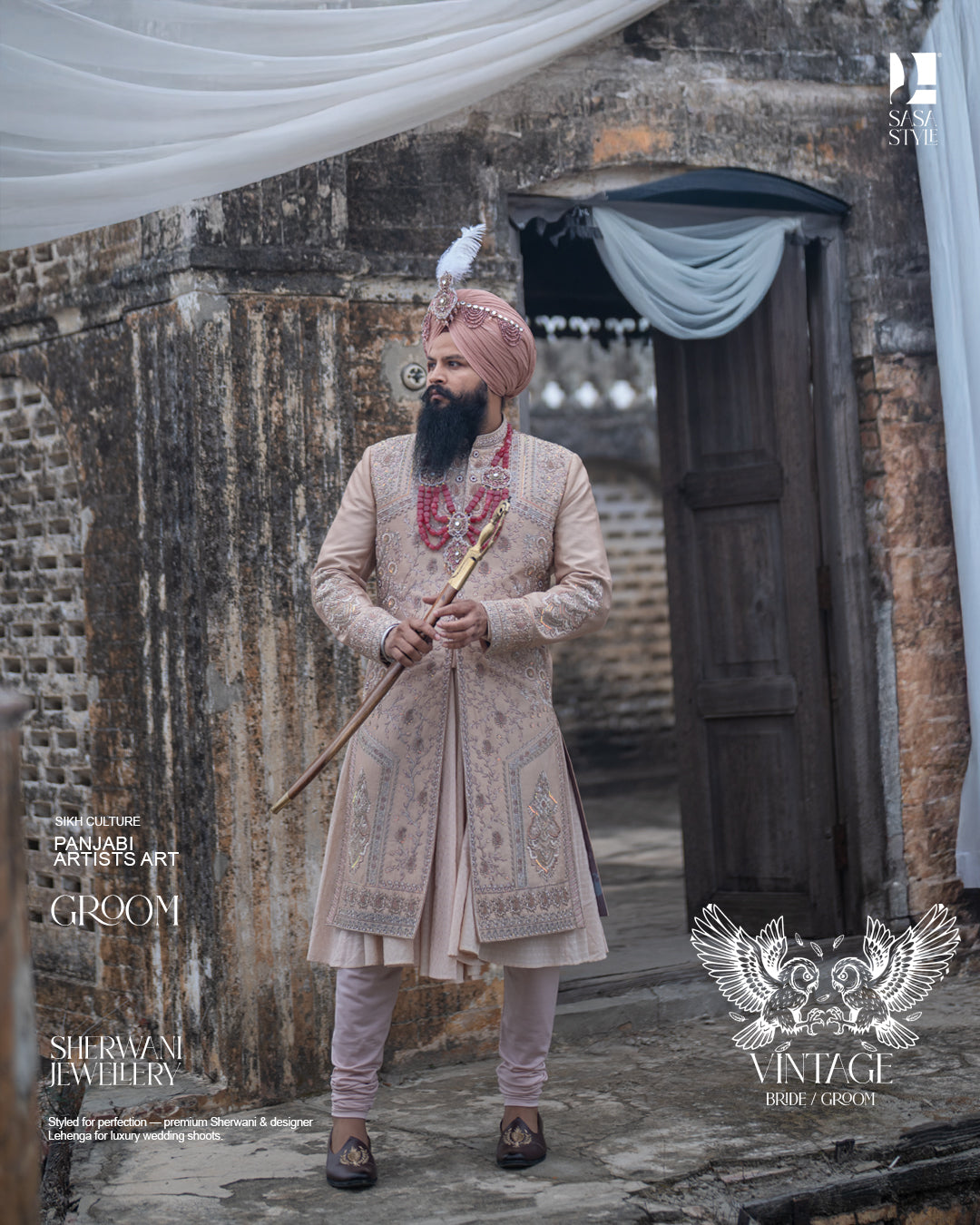 Beige Gold Vintage Groom Sherwani with Heritage Hand Embroidery