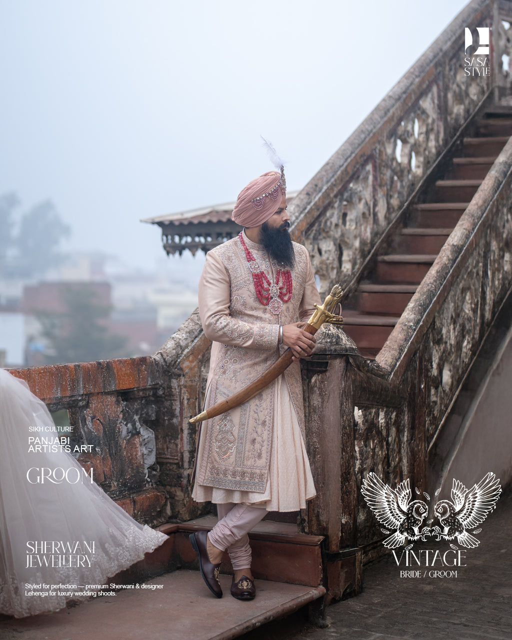 Beige Gold Vintage Groom Sherwani with Heritage Hand Embroidery