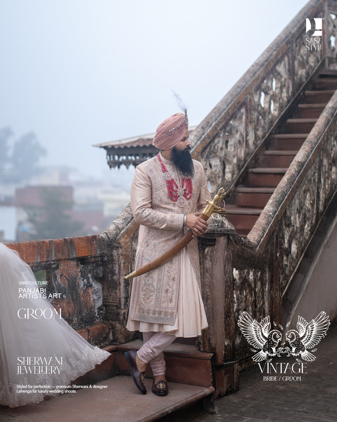 Beige Gold Vintage Groom Sherwani with Heritage Hand Embroidery