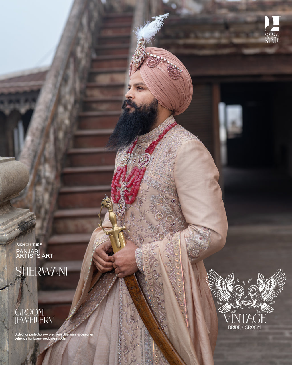 Beige Gold Vintage Groom Sherwani with Heritage Hand Embroidery