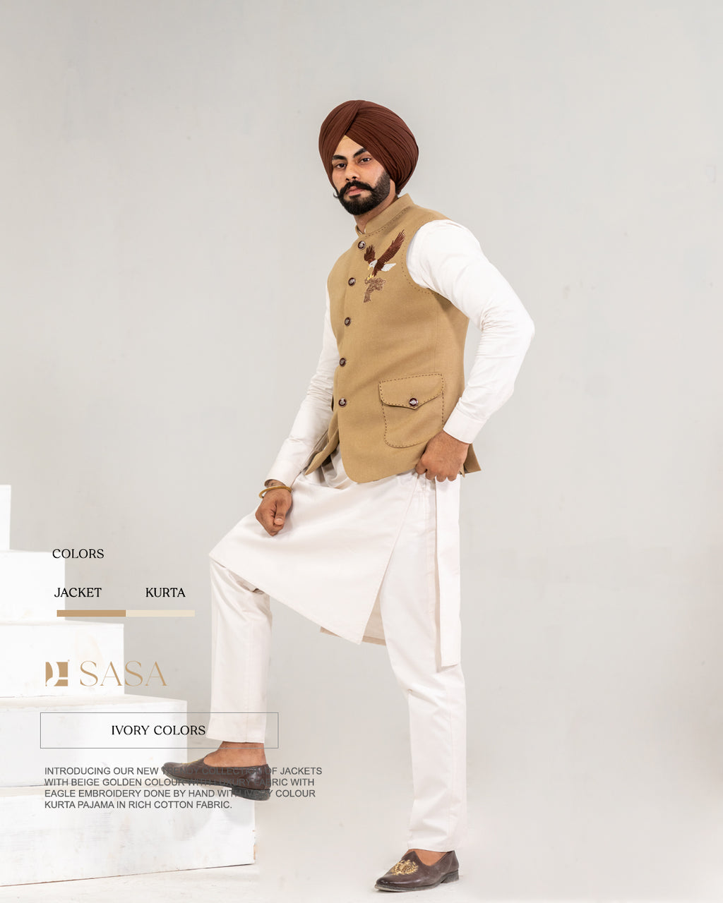 Beige Golden Embroidered Jacket with Ivory Kurta Pajama