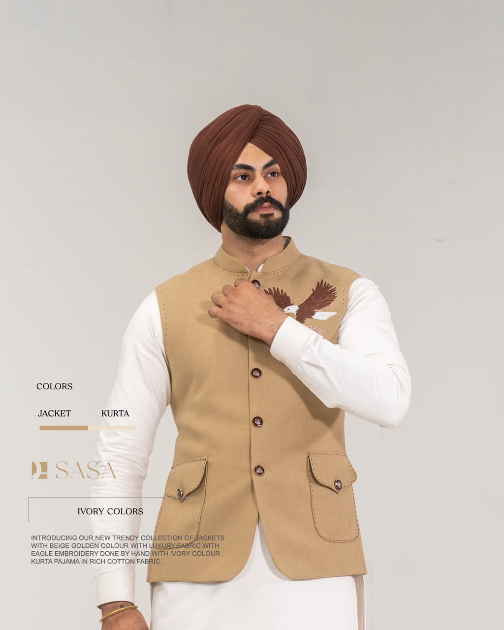 Beige Golden Embroidered Jacket with Ivory Kurta Pajama