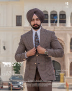 Beige Houndstooth Blazer with Burgundy and Green Accents – Mocha Pants