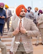 Beige Houndstooth Ensemble with Olive Checks Blazer with Sage Pant