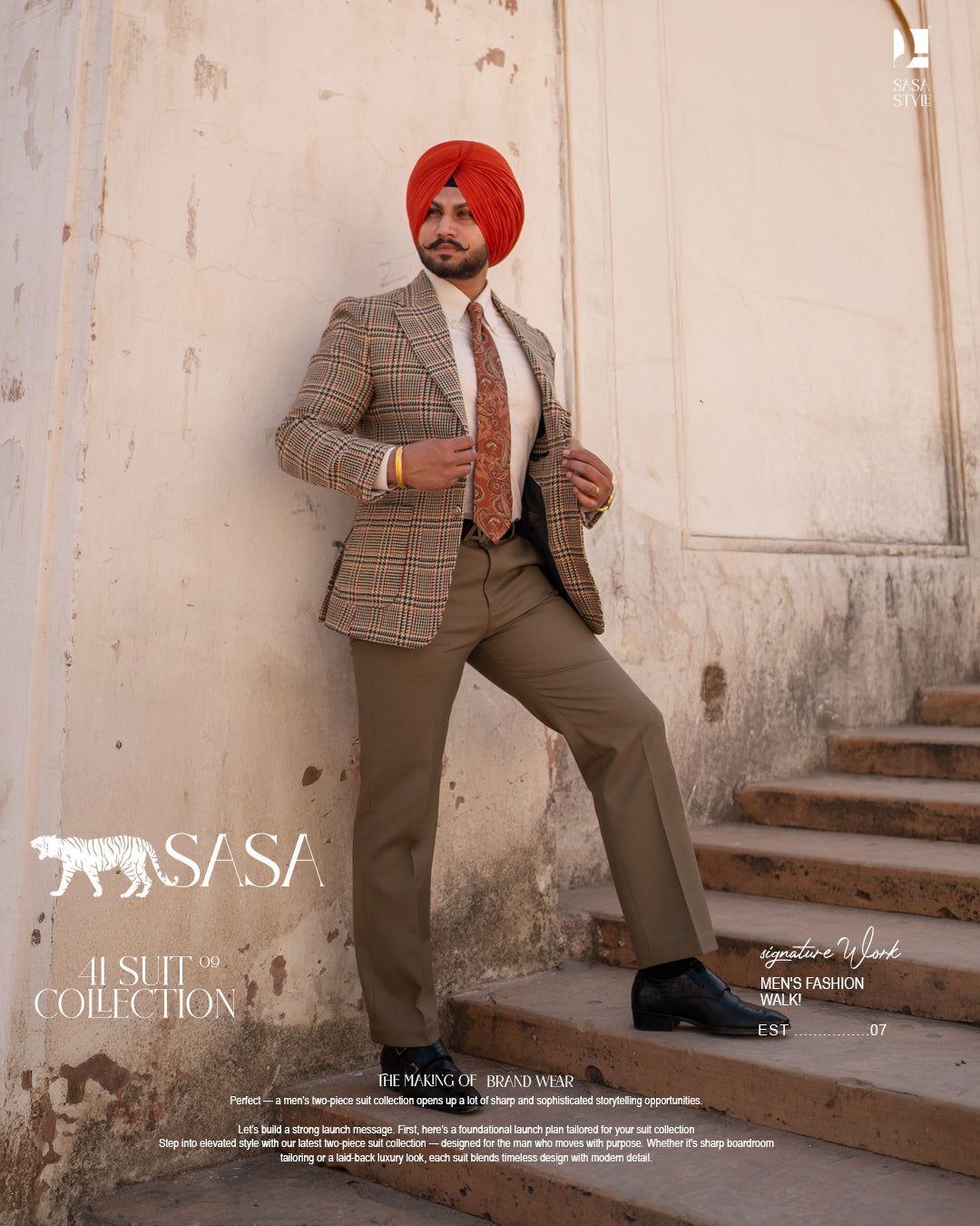 Beige Houndstooth Ensemble with Olive Checks Blazer with Sage Pant