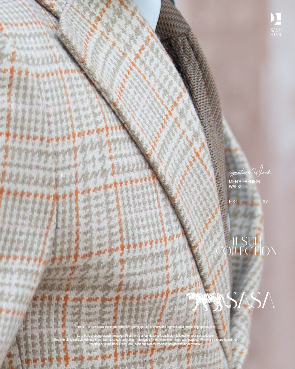 Beige Plaid Blazer with Orange Lines Paired with Khaki Pant