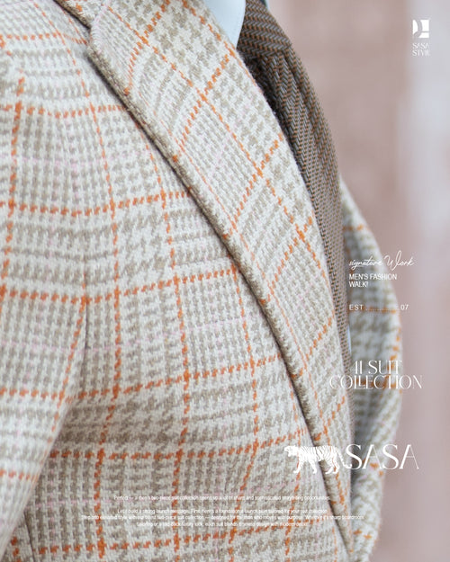 Beige Plaid Blazer with Orange Lines Paired with Khaki Pant