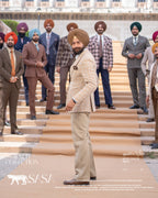 Beige Plaid Blazer with Orange Lines Paired with Khaki Pant