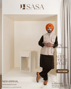Beige Plaid Jacket with Orange Lines and Chocolate Brown Kurta Pajama