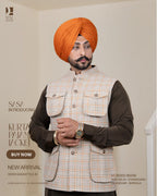 Beige Plaid Jacket with Orange Lines and Chocolate Brown Kurta Pajama