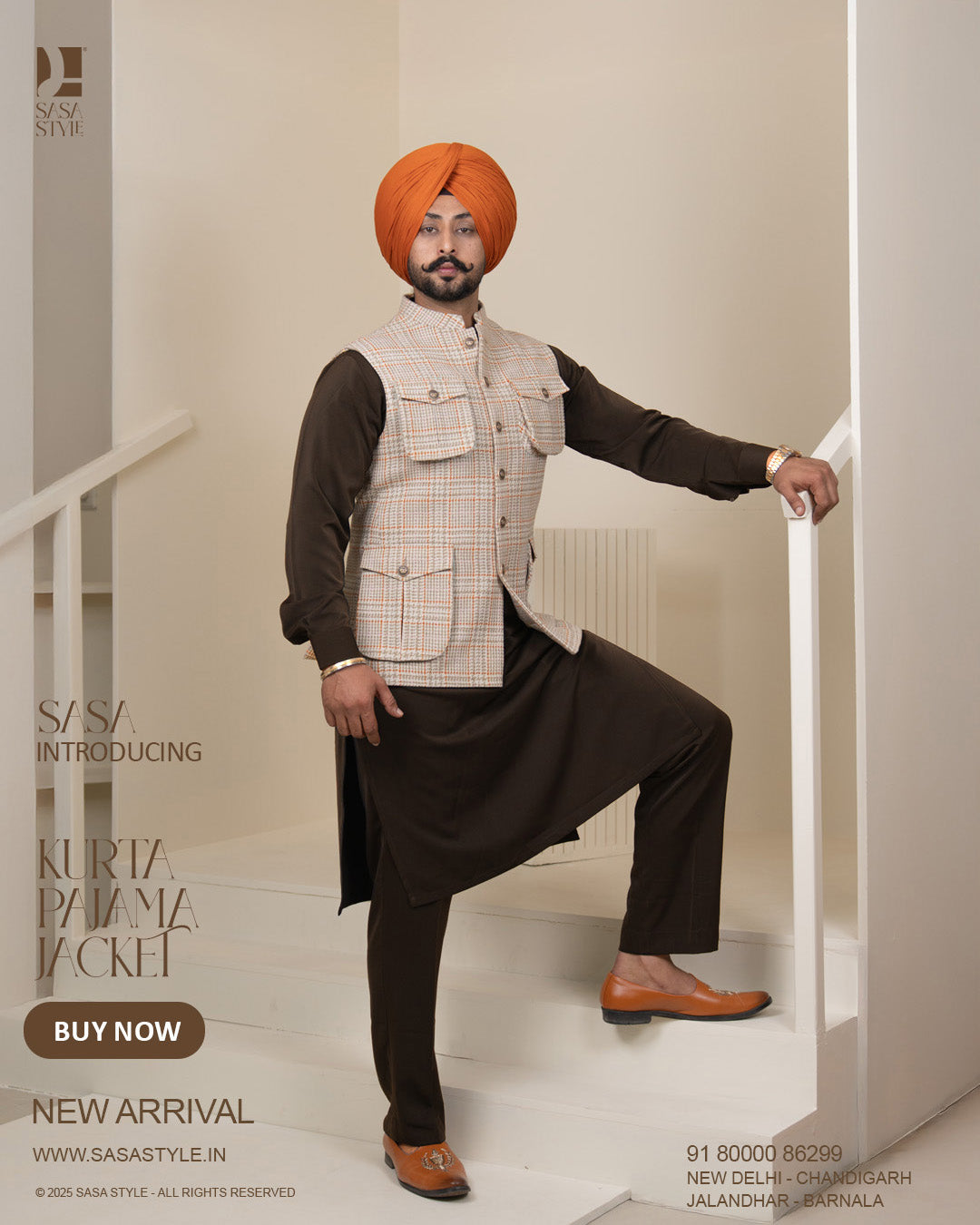 Beige Plaid Jacket with Orange Lines and Chocolate Brown Kurta Pajama