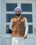 Beige Pocket Style Jacket with Cream Kurta Pajama