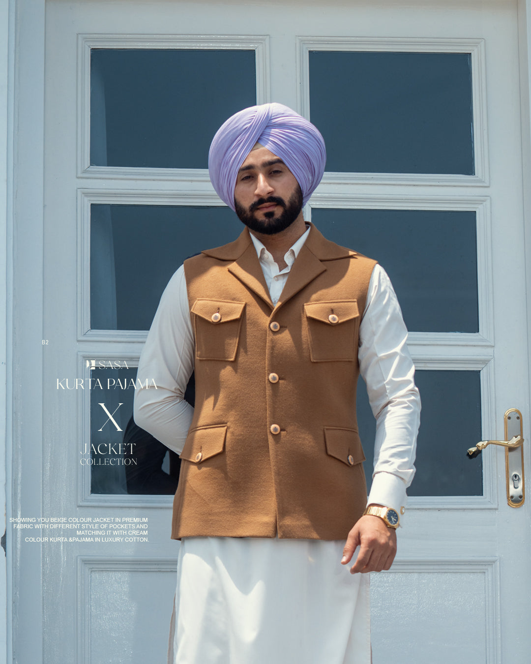 Beige Pocket Style Jacket with Cream Kurta Pajama