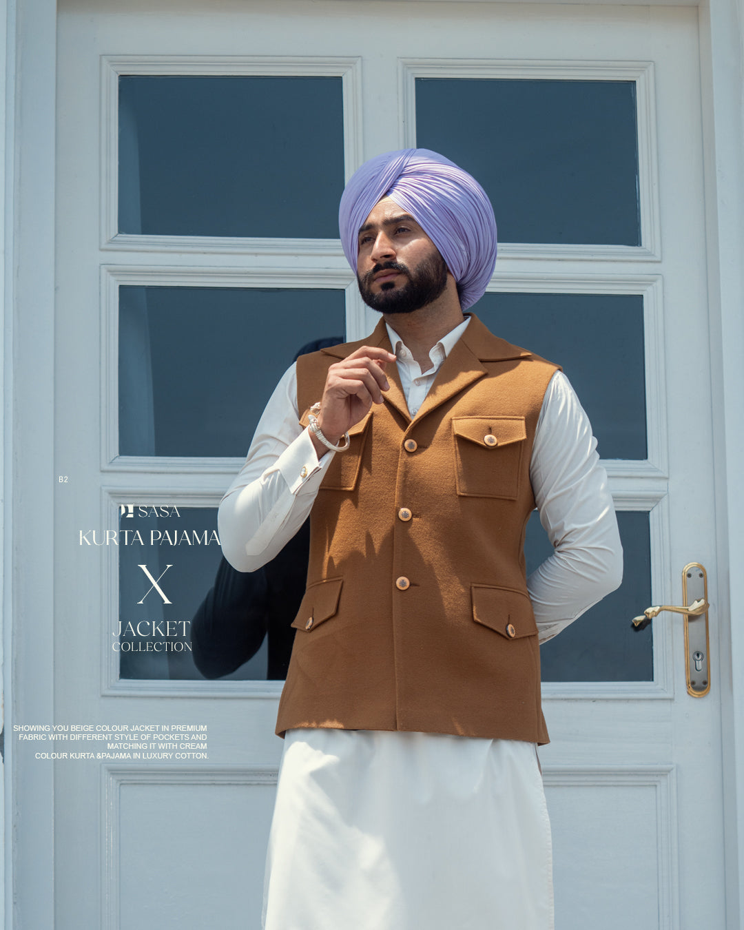 Beige Pocket Style Jacket with Cream Kurta Pajama