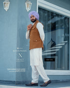 Beige Pocket Style Jacket with Cream Kurta Pajama