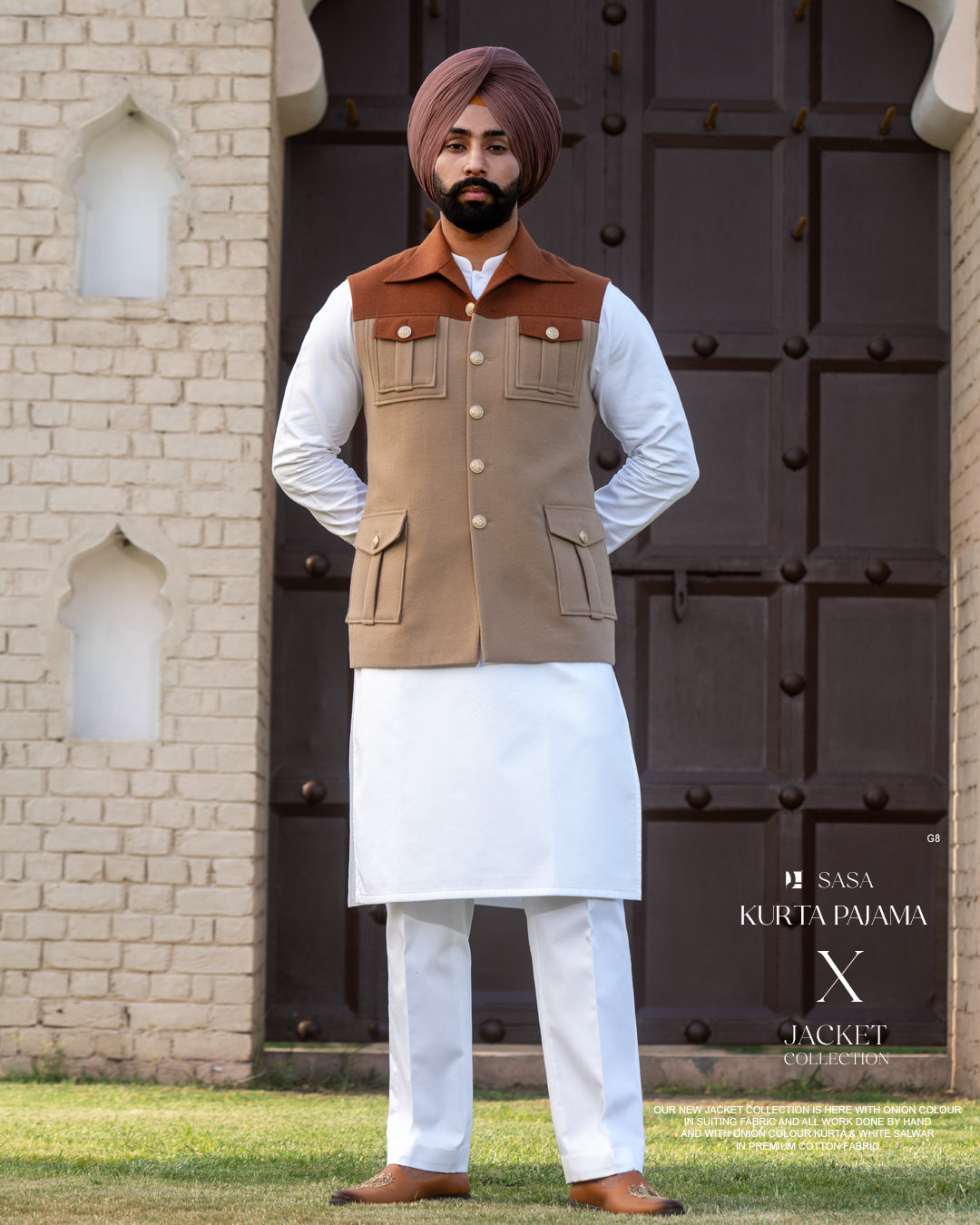 Beige Rust Dual-Tone Jacket with Classic White Kurta Pajama