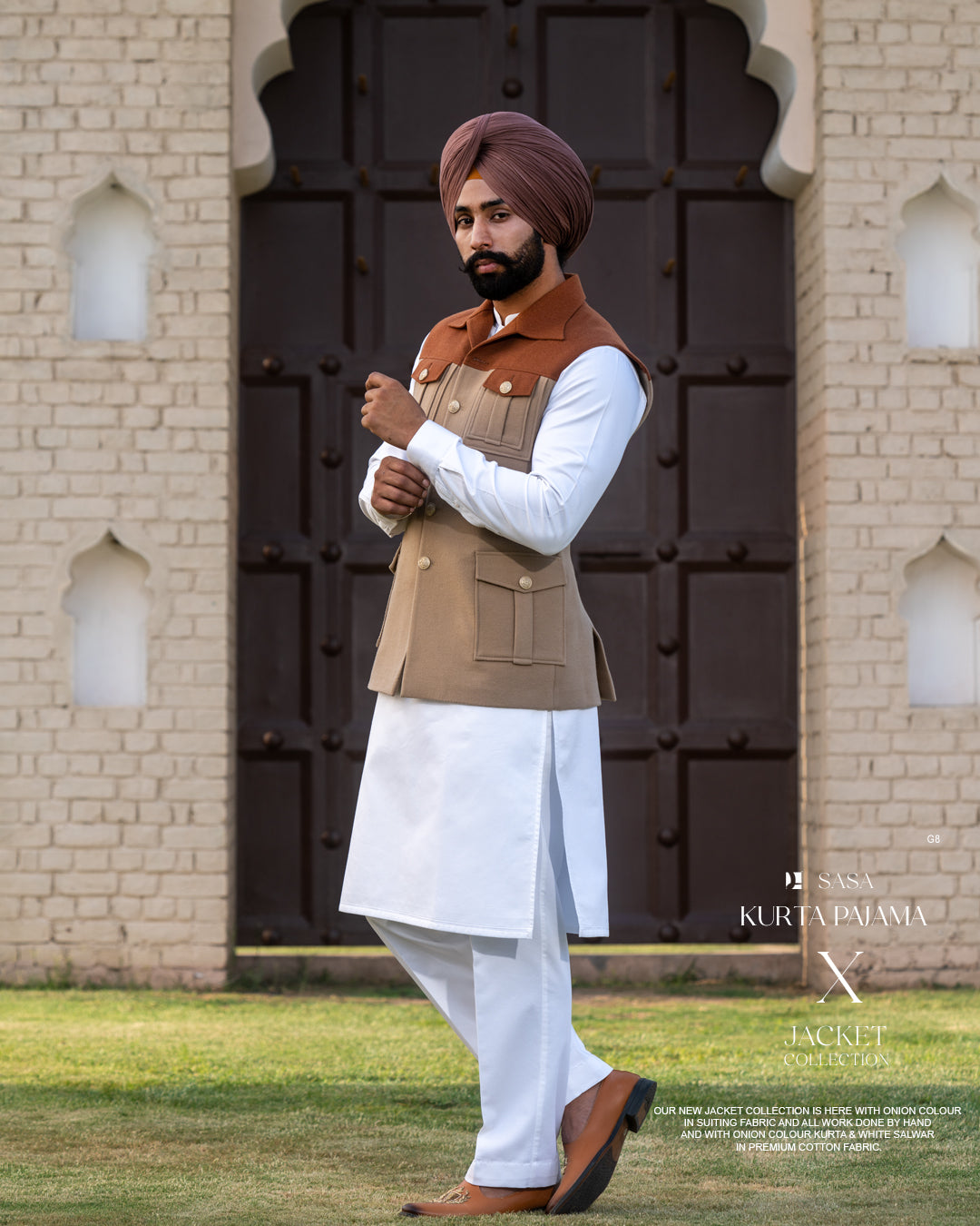 Beige Rust Dual-Tone Jacket with Classic White Kurta Pajama