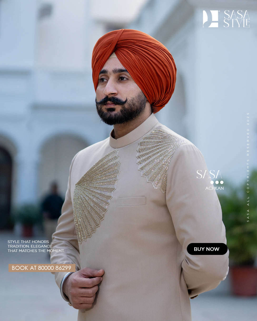 Beige Tan Achkan with Royal Detailing for Wedding Elegance