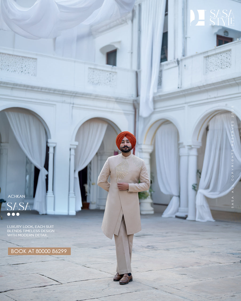 Beige Tan Achkan with Royal Detailing for Wedding Elegance