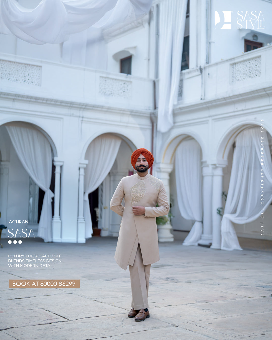 Beige Tan Achkan with Royal Detailing for Wedding Elegance
