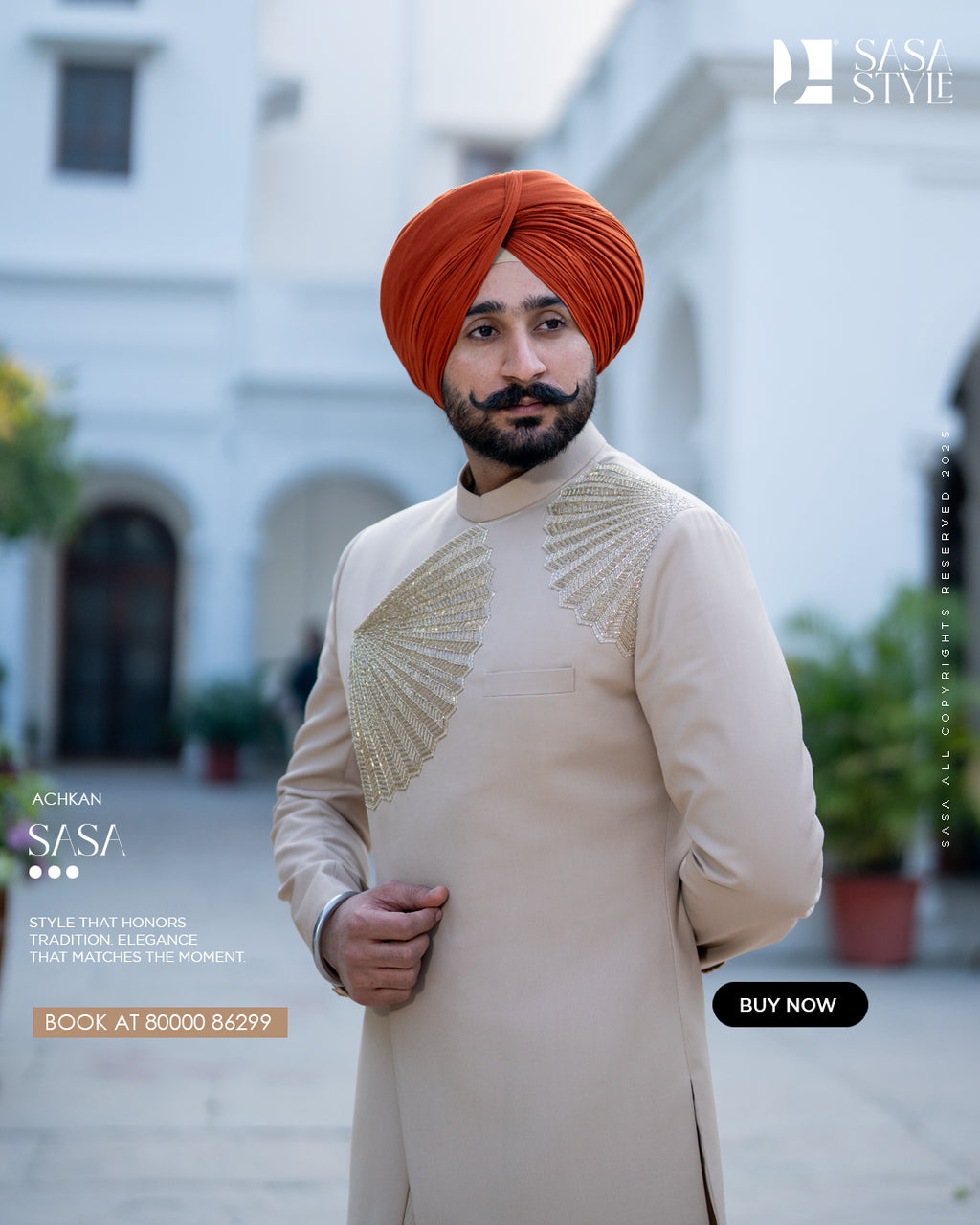 Beige Tan Achkan with Royal Detailing for Wedding Elegance