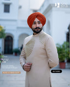 Beige Tan Achkan with Royal Detailing for Wedding Elegance