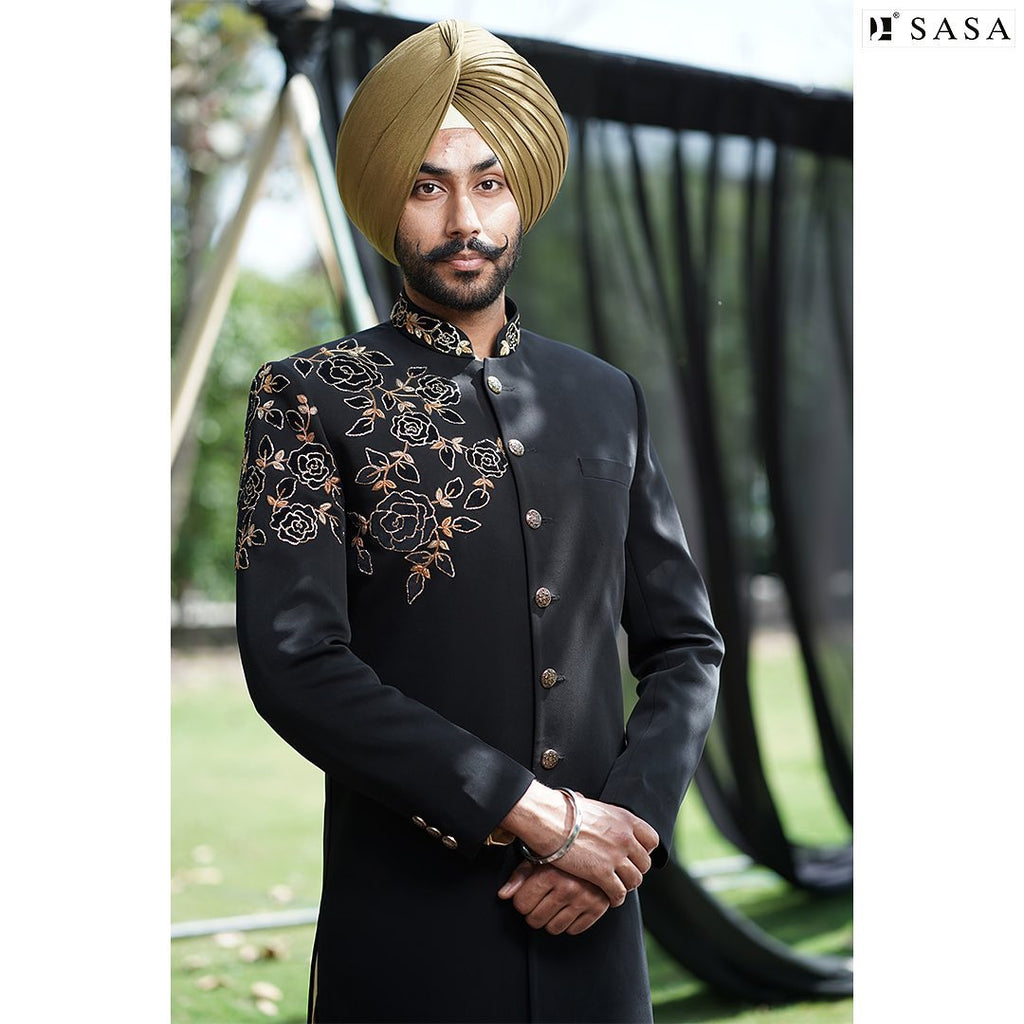Royal Black Achkan with Golden Embroidery and Timeless Elegance