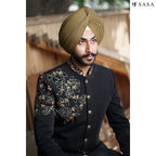Royal Black Achkan with Golden Embroidery and Timeless Elegance