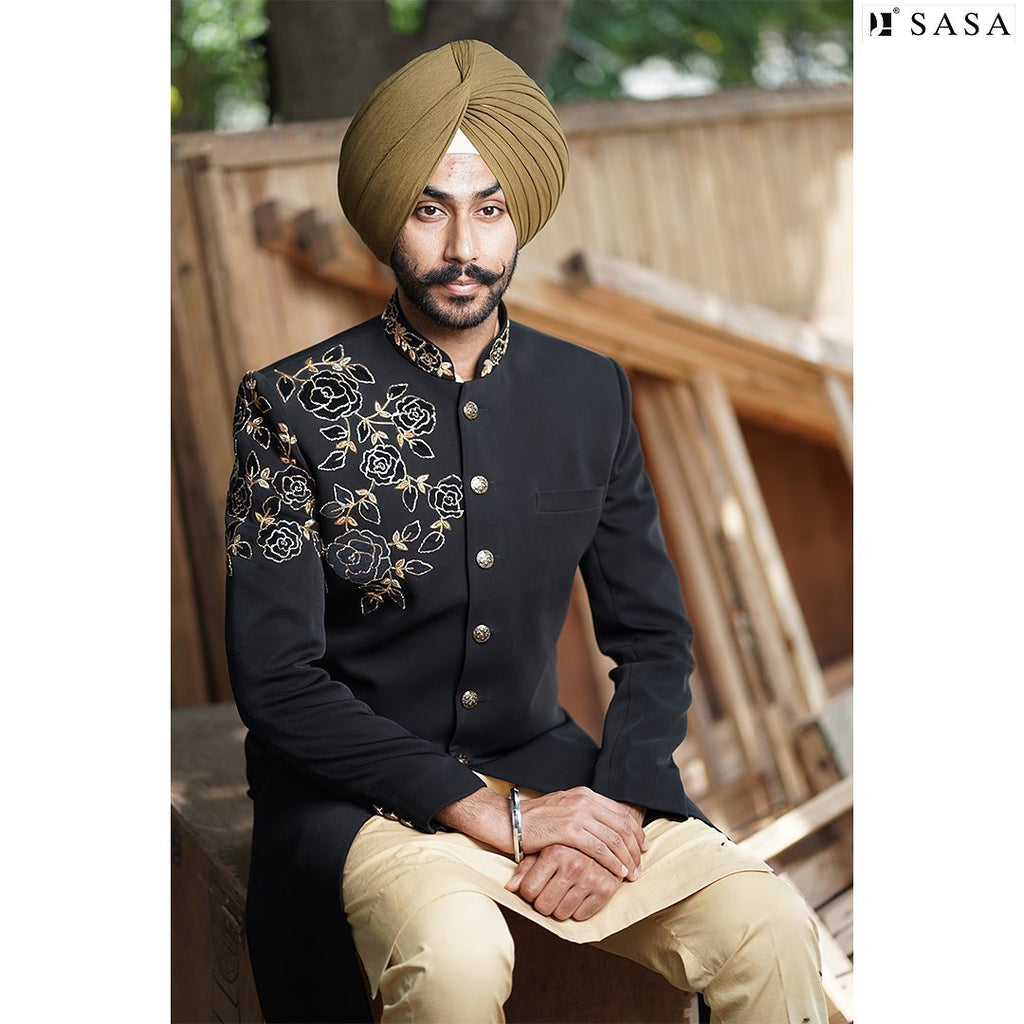 Royal Black Achkan with Golden Embroidery and Timeless Elegance