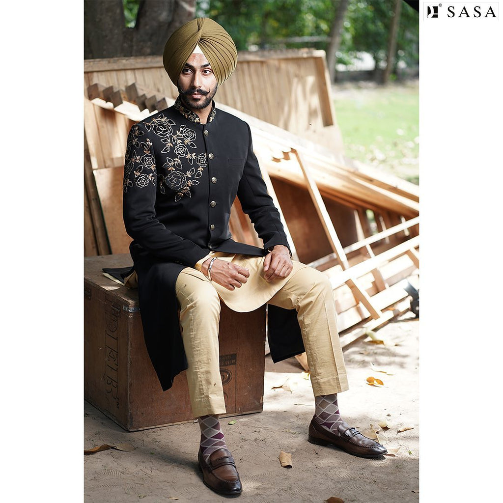 Royal Black Achkan with Golden Embroidery and Timeless Elegance