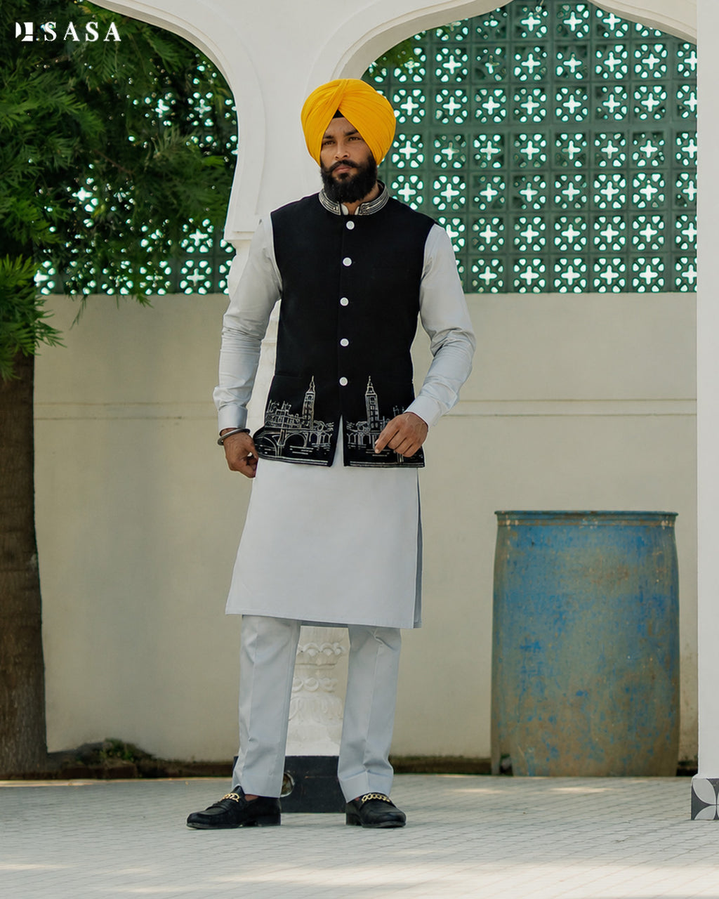 Black Heritage Jacket with Ice Grey Kurta Pajama