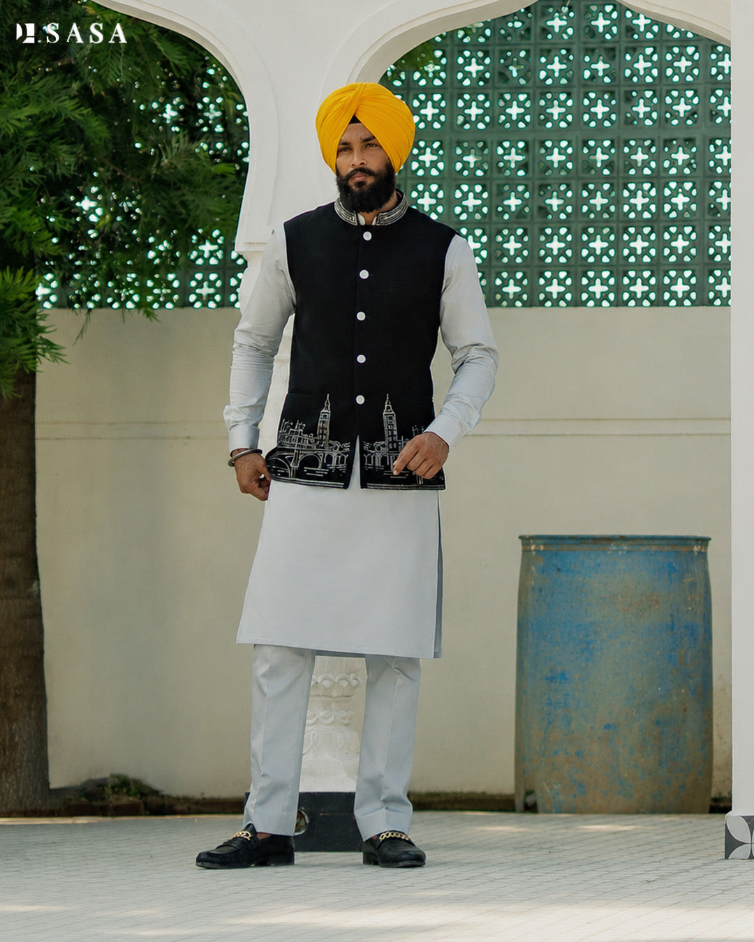 Black Heritage Jacket with Ice Grey Kurta Pajama