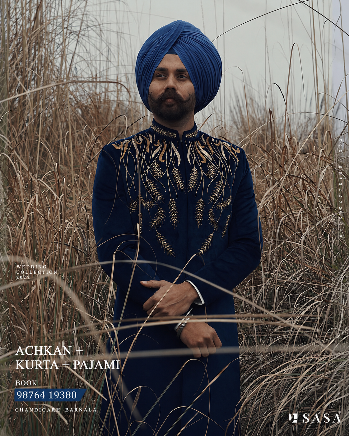 Royal Navy Blue Achkan with Elegant Handcrafted Wedding Detailing