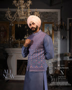 Blue Violet Patterned Jacket with Steel Blue Kurta Salwar