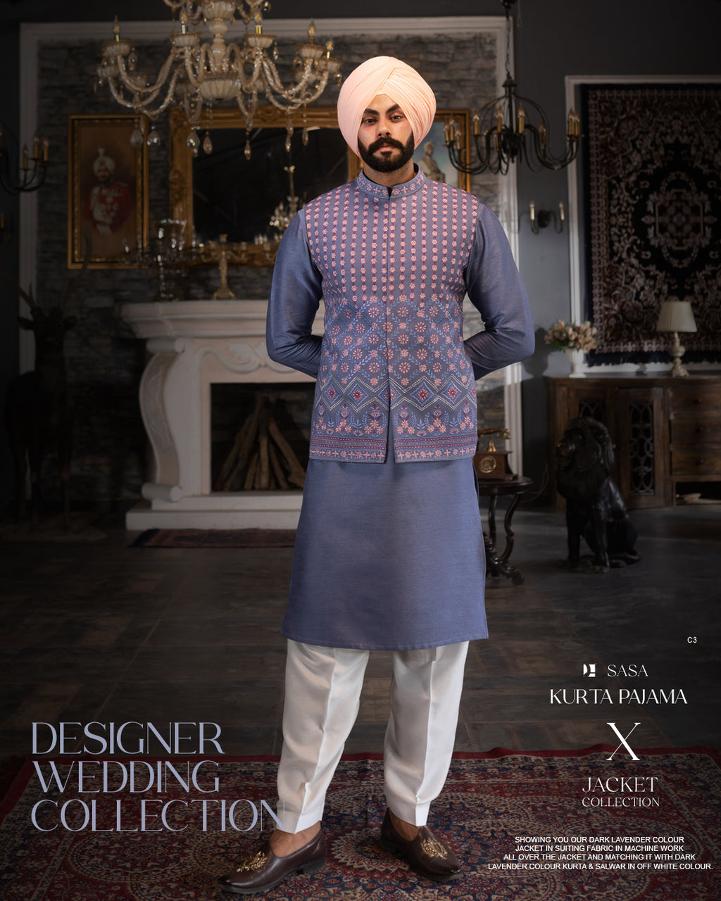 Blue Violet Patterned Jacket with Steel Blue Kurta Salwar